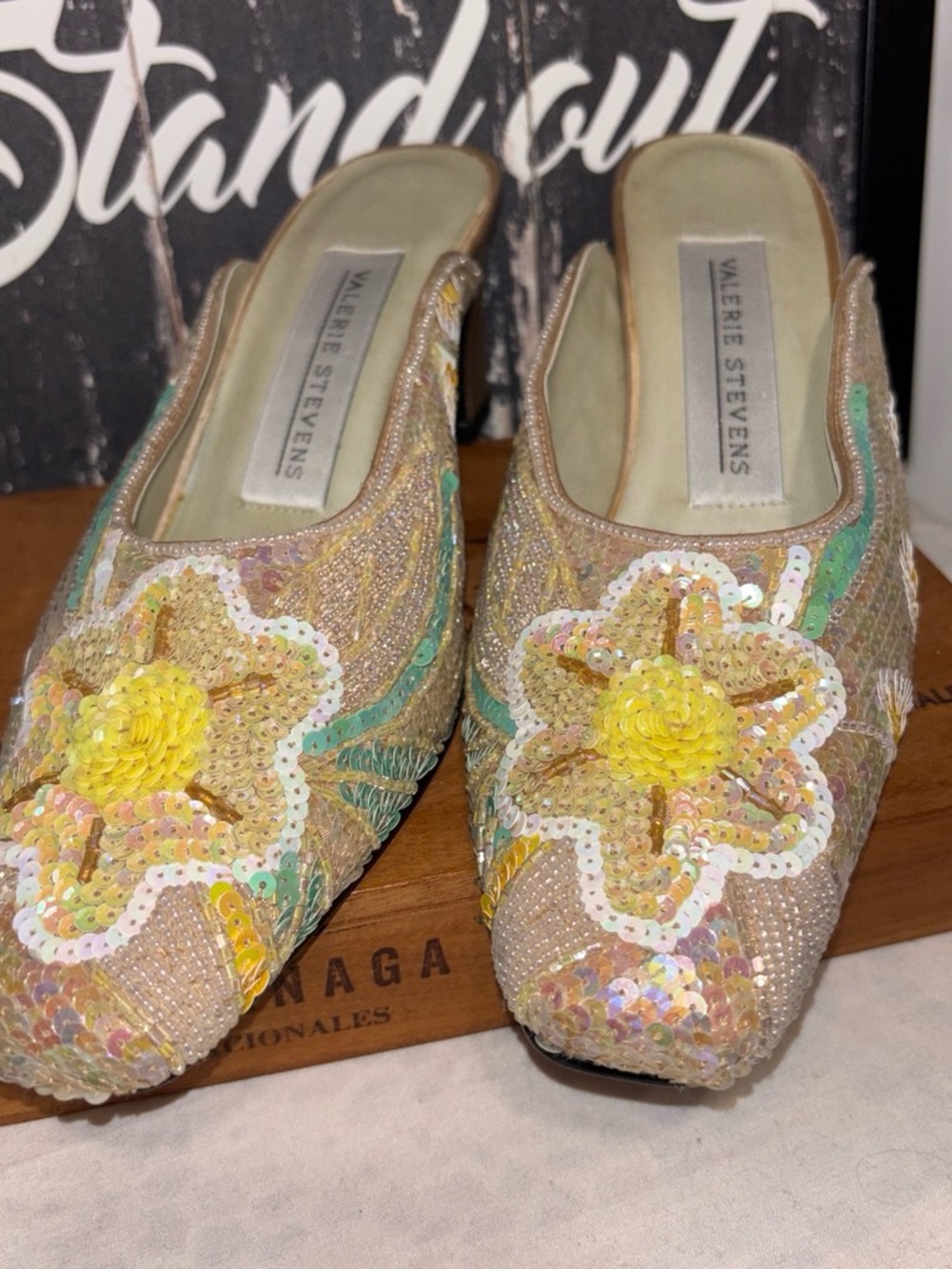 Valerie Stevens Women's Sequin Floral Slip-On Mules in Beige
